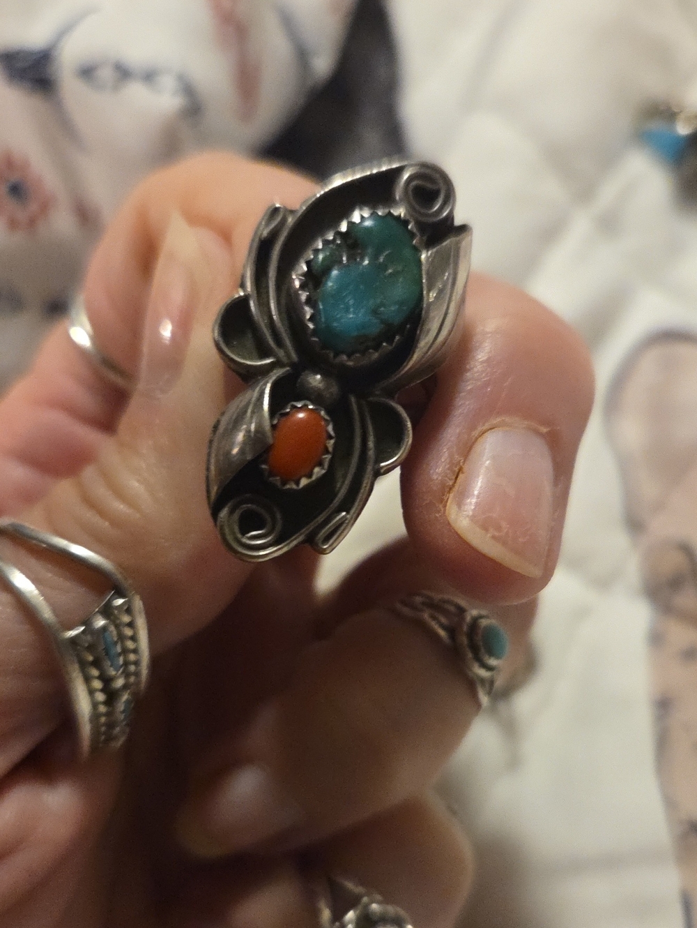 Sterling Silver Turquoise and Coral Statement Ring - Blue and Orange